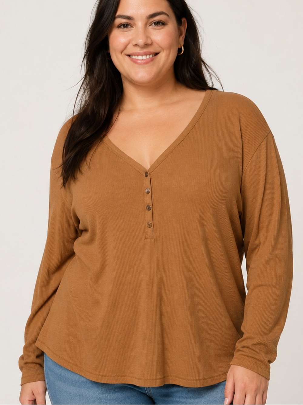 Old Navy Women’s 4X Brown Ribbed Long Sleeve Henley V-Neck Top Plus Size